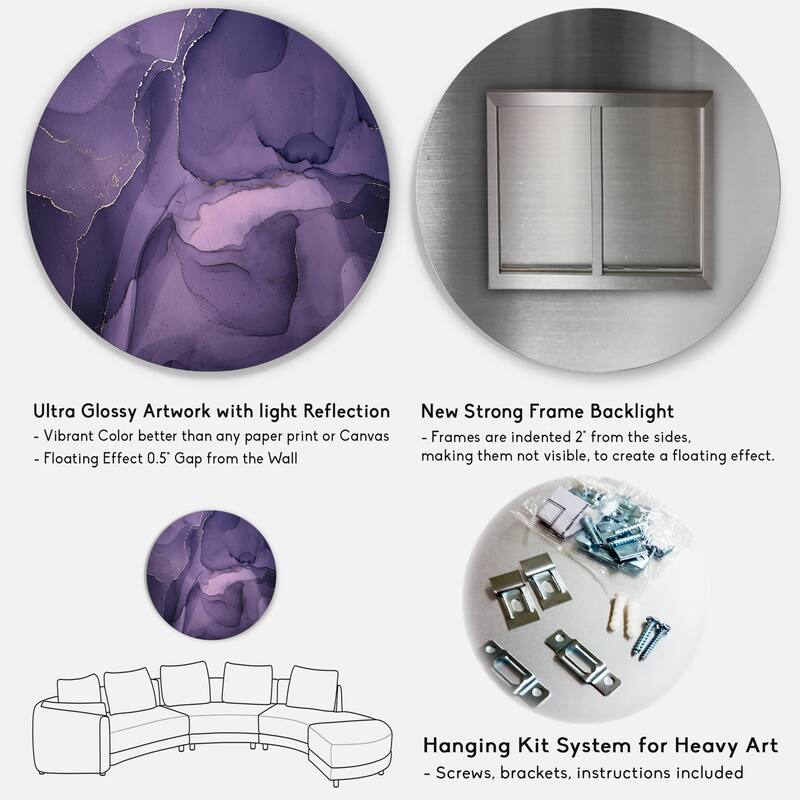 Designart 'Purple And Grey Marble Ink Clouds II' Modern Metal Circle Wall Art