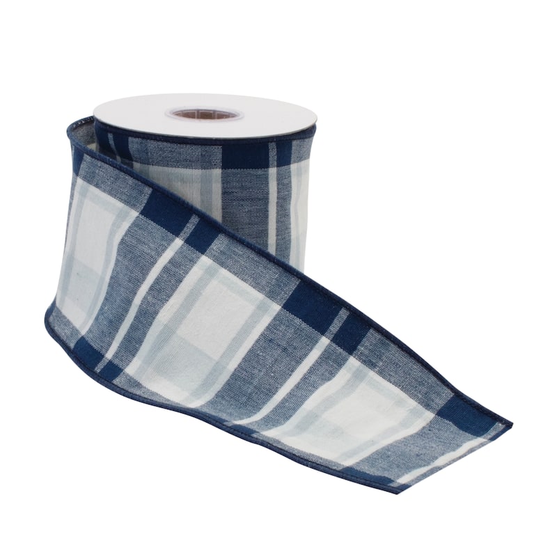 4" x 180" Set of 2 Rolls Blue White Cotton Ribbon Wired Edges Perfect for Seasonal Decorating - 180”L x 4”W x 0.25”H