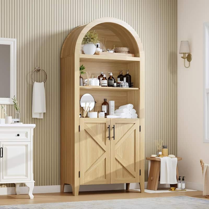Arched Bookcase, Kitchen Pantry Storage Cabinet with Open Display Shelf
