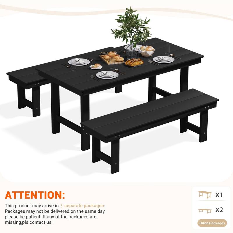 3-Piece HDPE Outdoor Dining Set with Umbrella Hole Table and Two 2-Person Benches