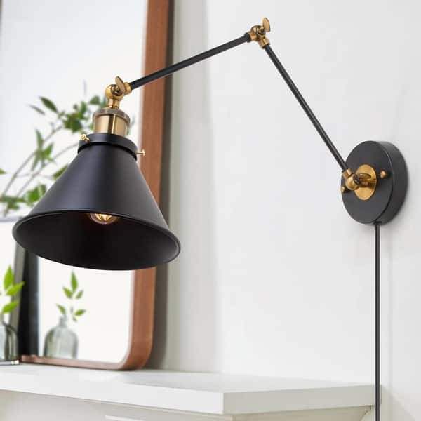 Vintage Swing Arm Wall Lamp - Plug-In Or Hardwire, Black & Antique Gold Finish, Adjustable Arm, E26 Max 60W