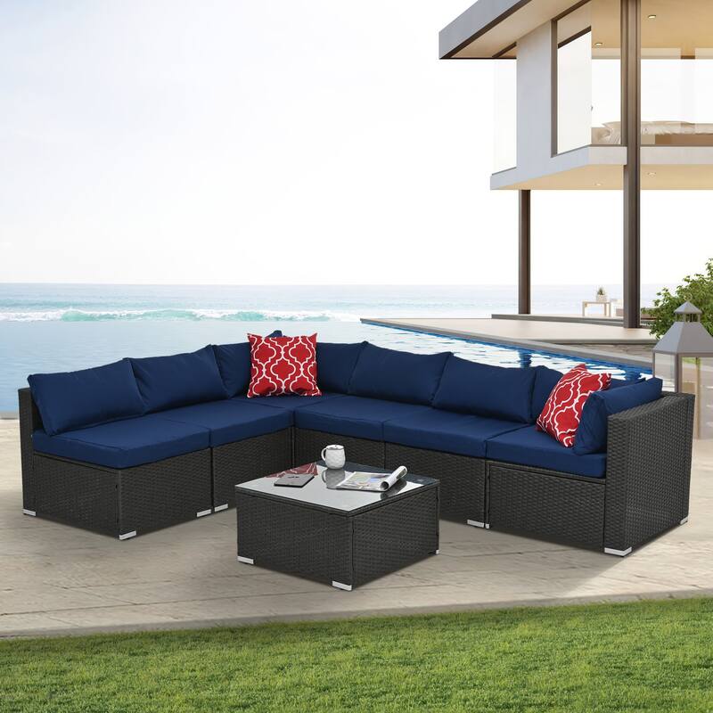 Blue 7-piece Outdoor Patio Sectional Set with Glass Table