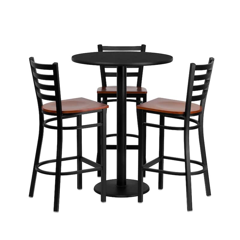 30" Round Laminate Table Set with 3 Metal Barstools - Cherry Wood Seat - Black Laminate