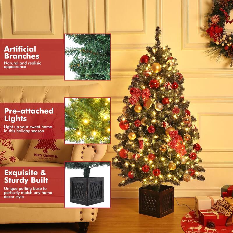 4.5 Ft Artificial Christmas Tree with 200 Warm White LED Lights and Red Berries Potted Base Holiday Xmas Tree