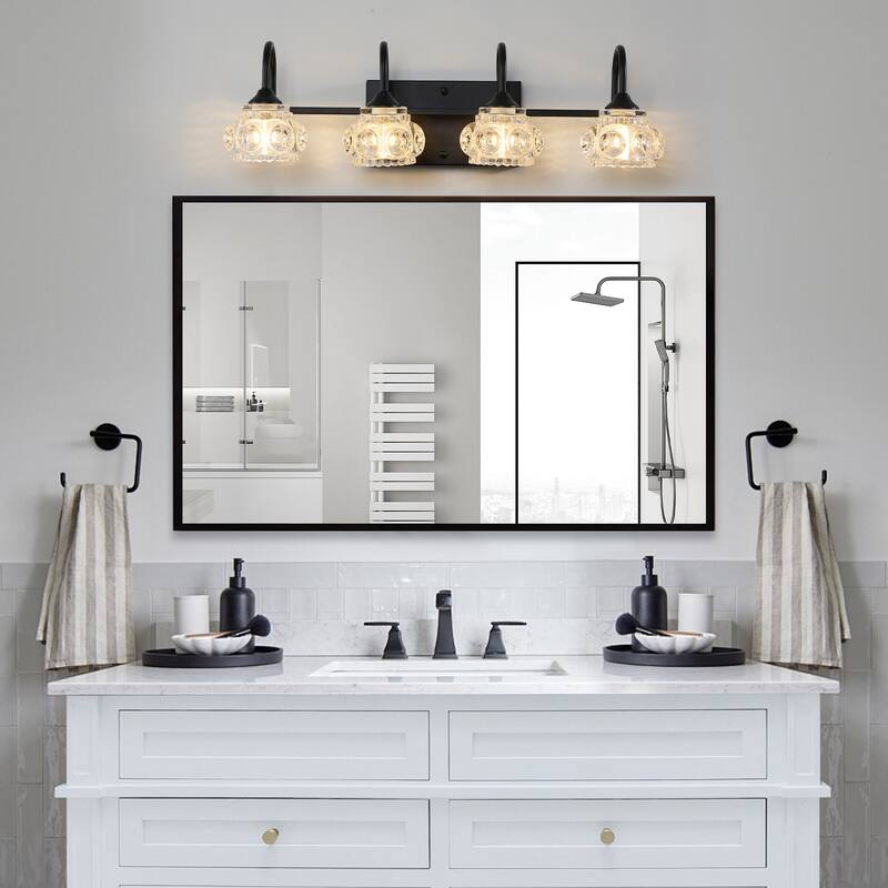 23" Modern Crystal Bathroom Vanity Light, 4-Light Wall Sconce with Clear Glass Shade, Elegant Wall Mount Lighting for Bathroom - Black