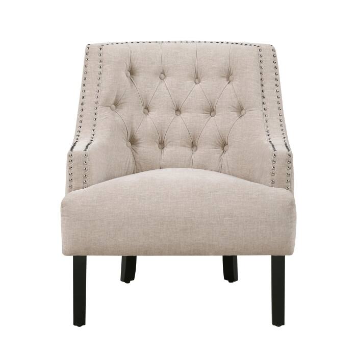 Daisie Accent Armchair, Button Tufted Beige Chenille, Solid Wood