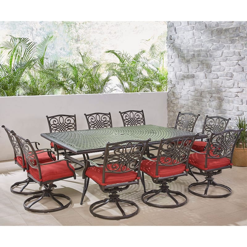 Hanover Traditions 11-Piece Dining Set in Red with Ten Swivel Rockers and an Extra-Long Dining Table