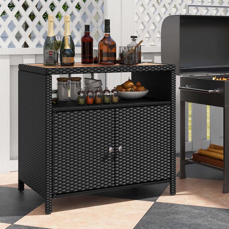 Costway Patio Rattan Storage Cabinet with Acacia Wood Countertop Open - See Details