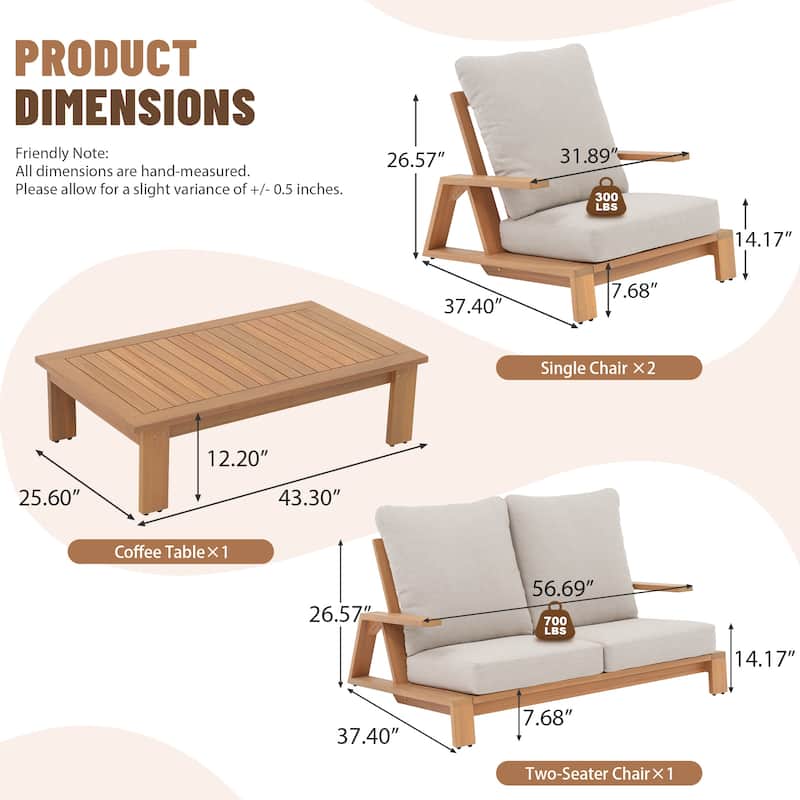 Outdoor Conversation Set with Coffee Table in Acacia Wood 4-Piece Sofa Set