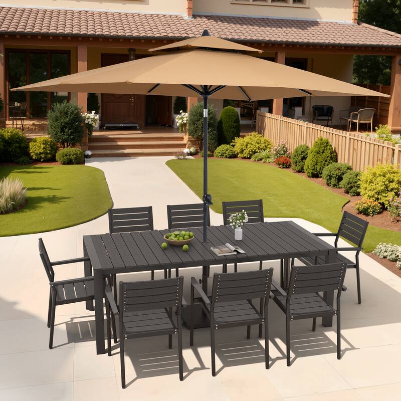 9/11-Piece Patio Dining Set Aluminum Dining Table and Chairs w/10 ft Market Umbrella and Base with Wheels - Set of 11 - Black Table with Tan Umbrella