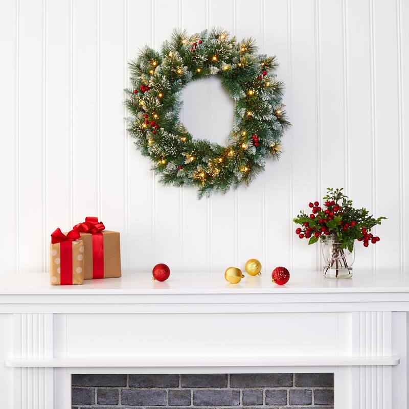 24" Frosted Swiss Pine Wreath with 35 Clear LED Lights and Berries