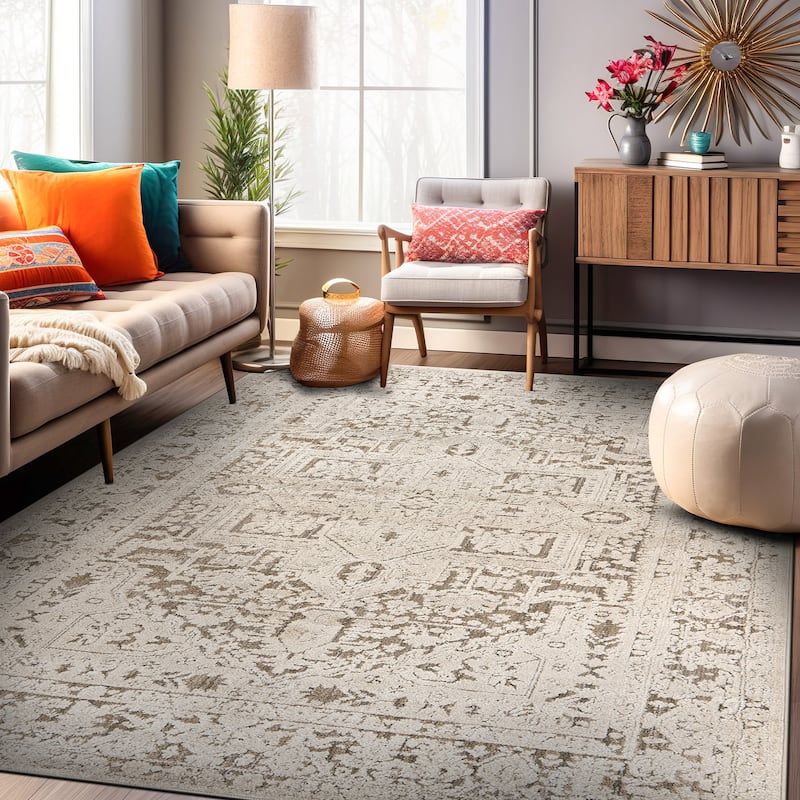 World Rug Gallery Textured Medallion Earth Beige Indoor High-Low Area Rug - 5' x 7'
