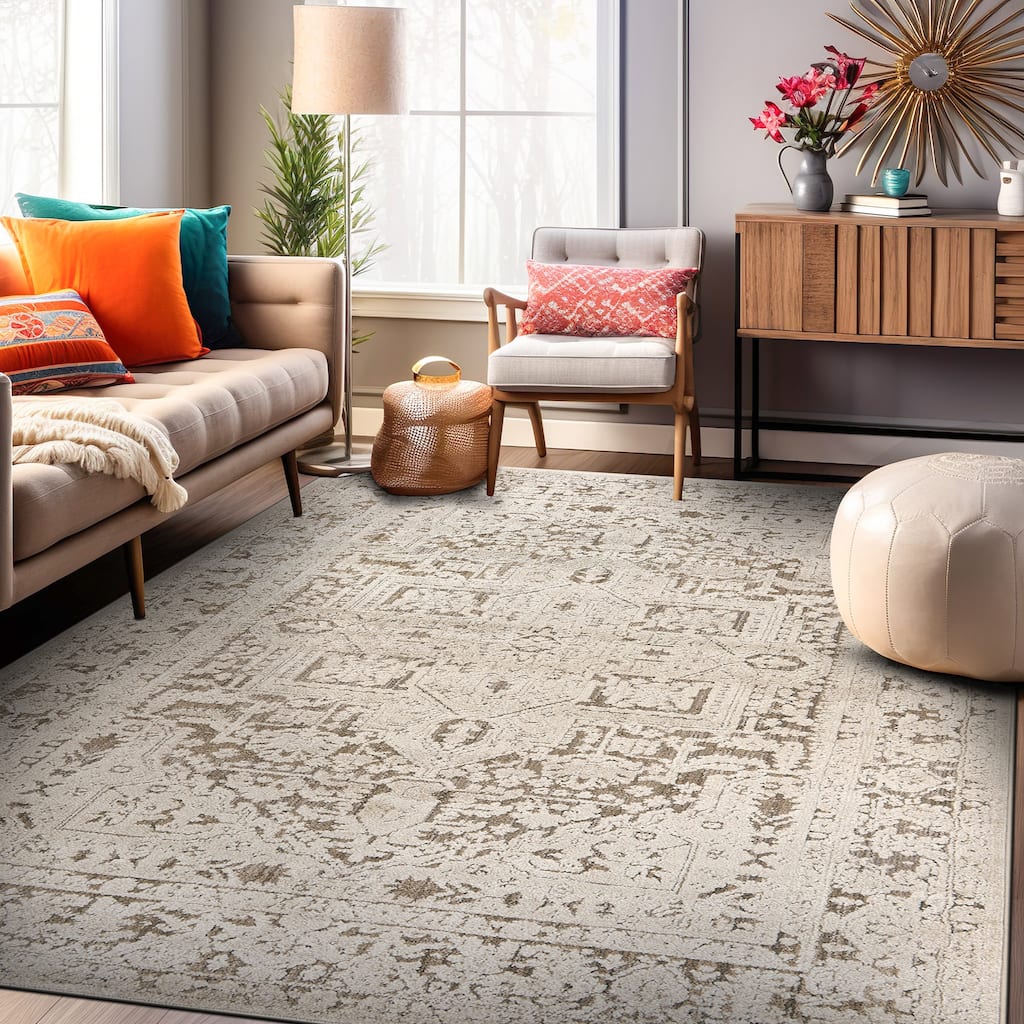 World Rug Gallery Textured Medallion Earth Beige Indoor High-Low Area Rug