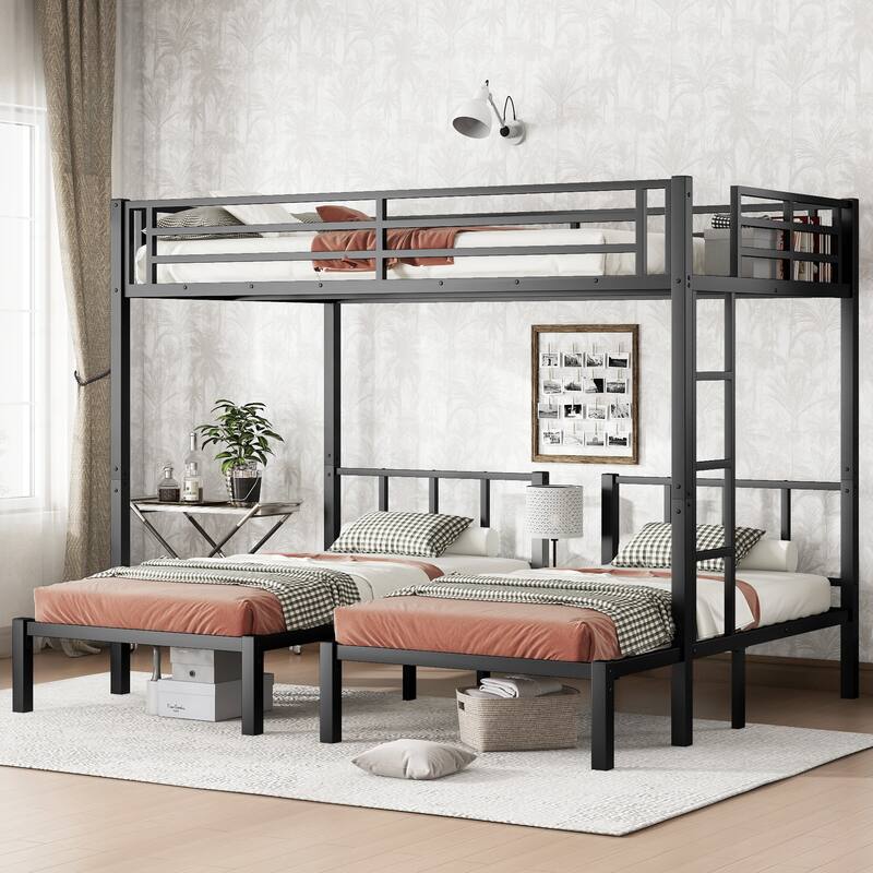 Roomfitters Twin over Twin & Queen Metal Triple Bunk Bed with Safety Guardrails, Space-Saving Noise-Reduced Frame, Black - Black - Twin