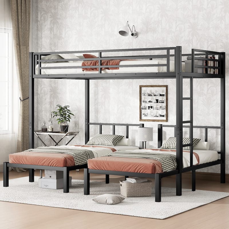 Space-Saving Metal Triple Bunk Bed with Safety Guardrails, Twin over Twin & Queen, Noise Reduced, Black - Black