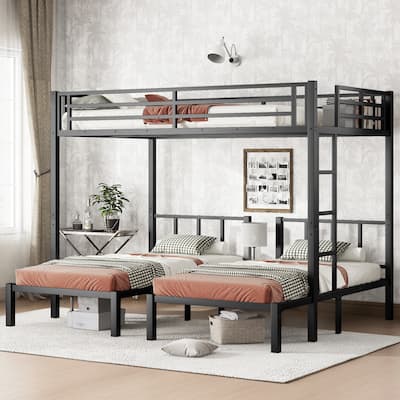 Twin over Twin & Queen Bunk Bed, Metal Triple Bunk Bed with Safety Guardrails,Space-Saving/Noise Reduced,Black