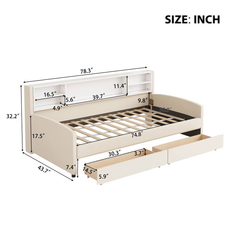 Twin Velvet Upholstered Bed Frame with Storage Drawers and Built-In Shelf, Platform Design with Plush Headboard