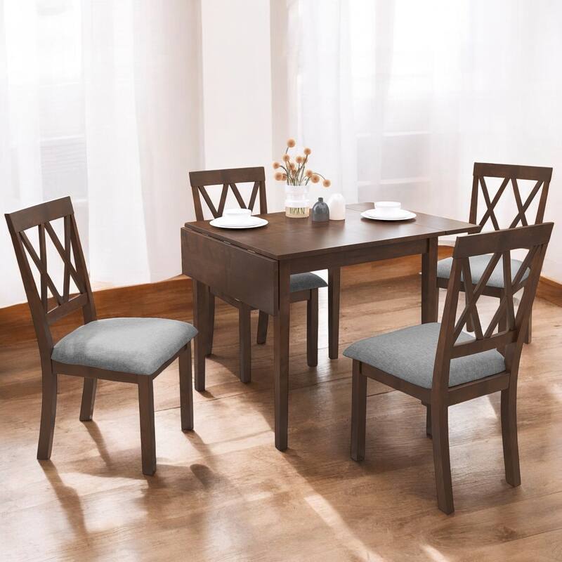 5-Piece Foldable Dining Set with Drop Leaf Table & 4 Upholstered Chairs for Dining Room - Space-Saving Farmhouse Design - Brown