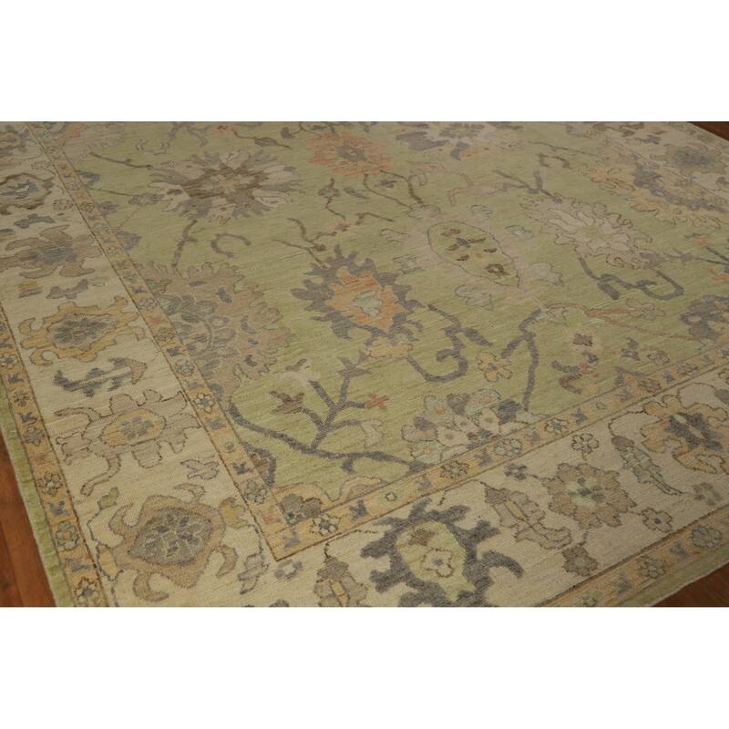 Hand Knotted Oriental 100% Wool Carpet Transitional All-Over Green Oushak Area Rug - 12' 1'' X 8' 11''