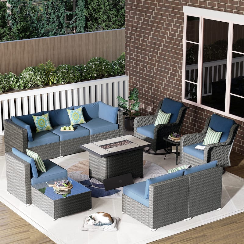 OVIOS 11-Piece Low-profile Swivel Chair Fire Table Outdoor Patio Furniture Set - Denim Blue
