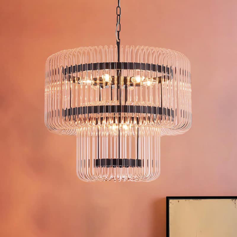 9-Light Modern Glam Drum Crystal 2-Tiered Round Chandelier Kitchen Island Pendant Light - Black