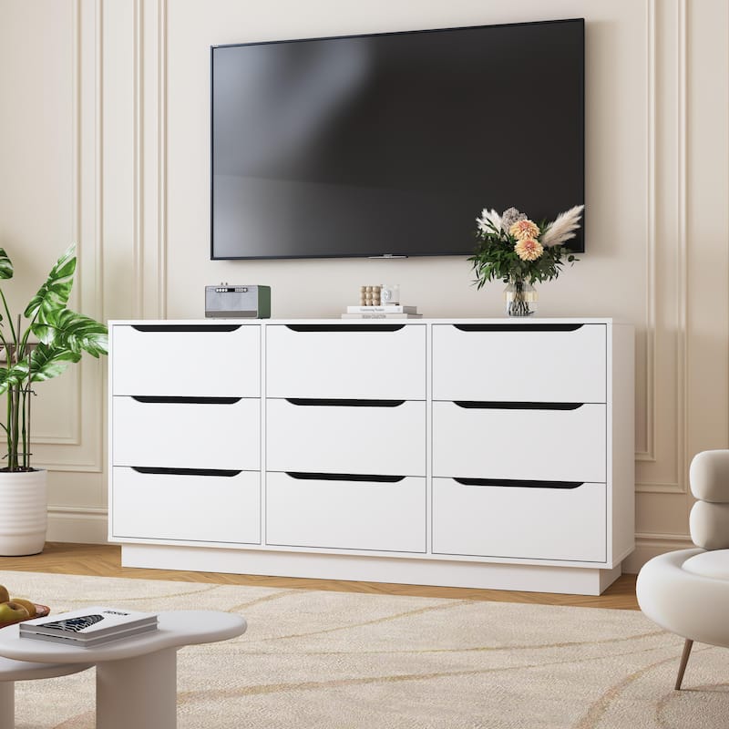 9 Drawer Dresser for Bedroom with Deep Drawers, Large Floor Wood Dressers & Chest of Drawers, Modern White Long Dressers