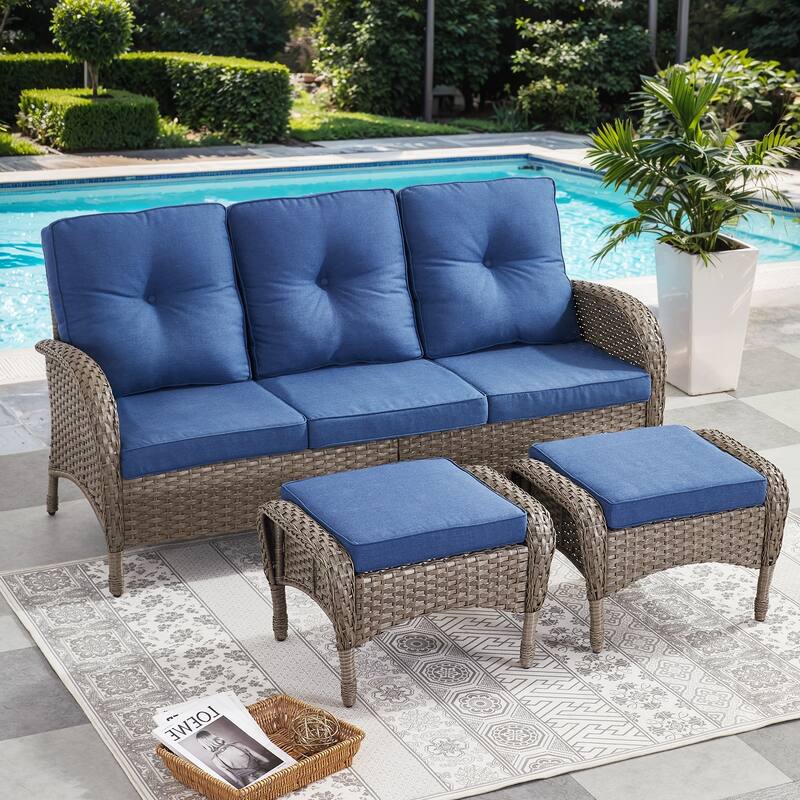 Pocassy Patio Outdoor Sofa Swivel Chairs with Ottman Table Set - Gray Wicker Blue Cushion - 3-Piece 3-Seat Sofa with Ottoman