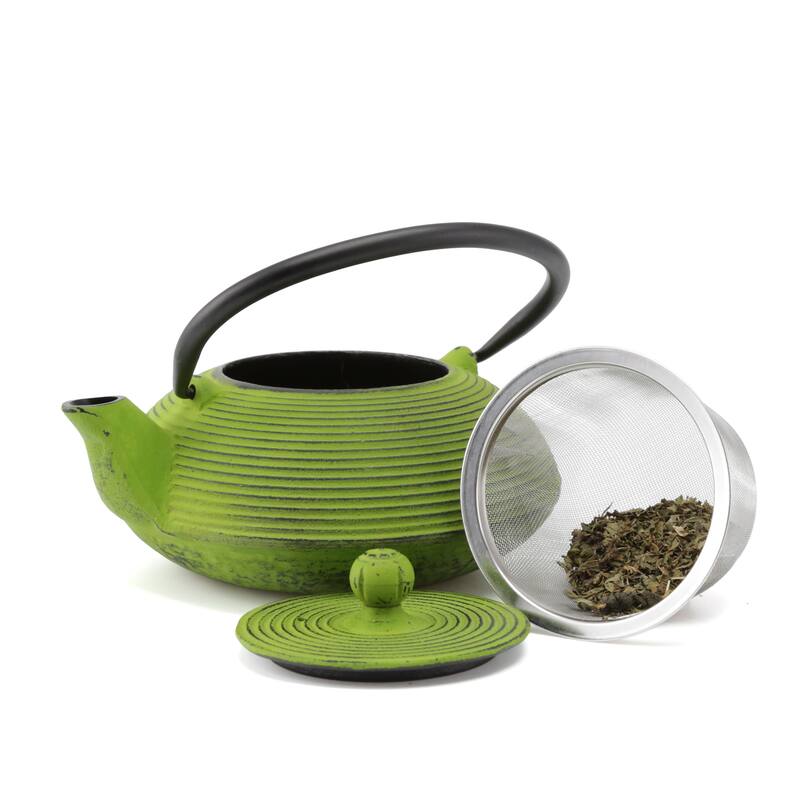 Creative Home Kyusu 20 oz Cast Iron Tea Pot Tea Kettle with Removable Stainless Steel Infuser Basket, Green