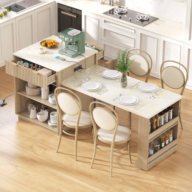 82.6" Fluted Kitchen Island with Extendable Table, Power Outlet & Storage for 4-6 - Natural