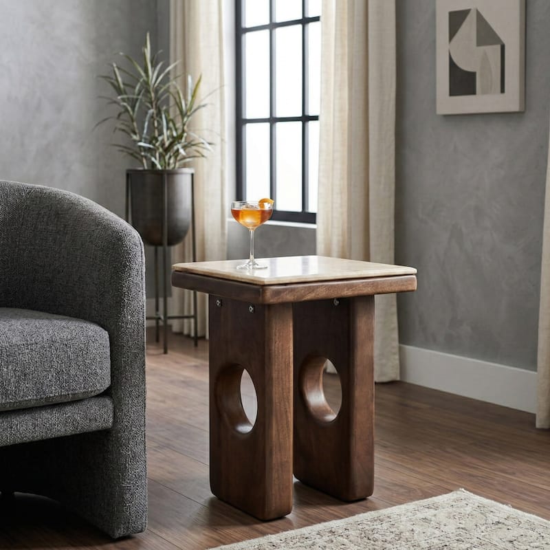 Square Stone Top Accent Side Table with Wood Base - 21", Tan & Brown - 21.0" - 21.0" - Tan/ Brown - Marble