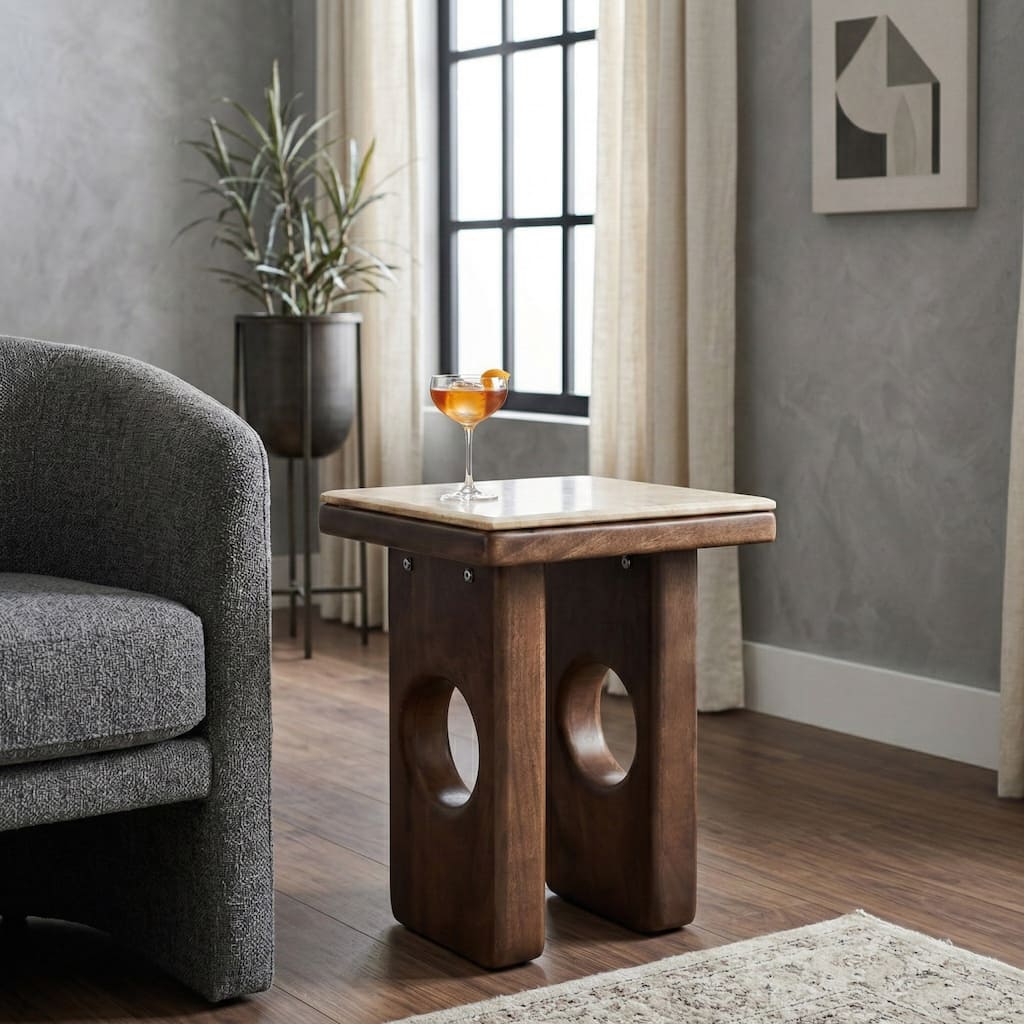 Square Stone Top Accent Side Table with Wood Base - 21", Tan & Brown - 21.0"