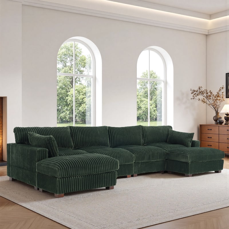 Modern Oversized Plush Corduroy Modular Sectional Sofa with 2 Ottomans - Green-6 Pieces - Symmetrical