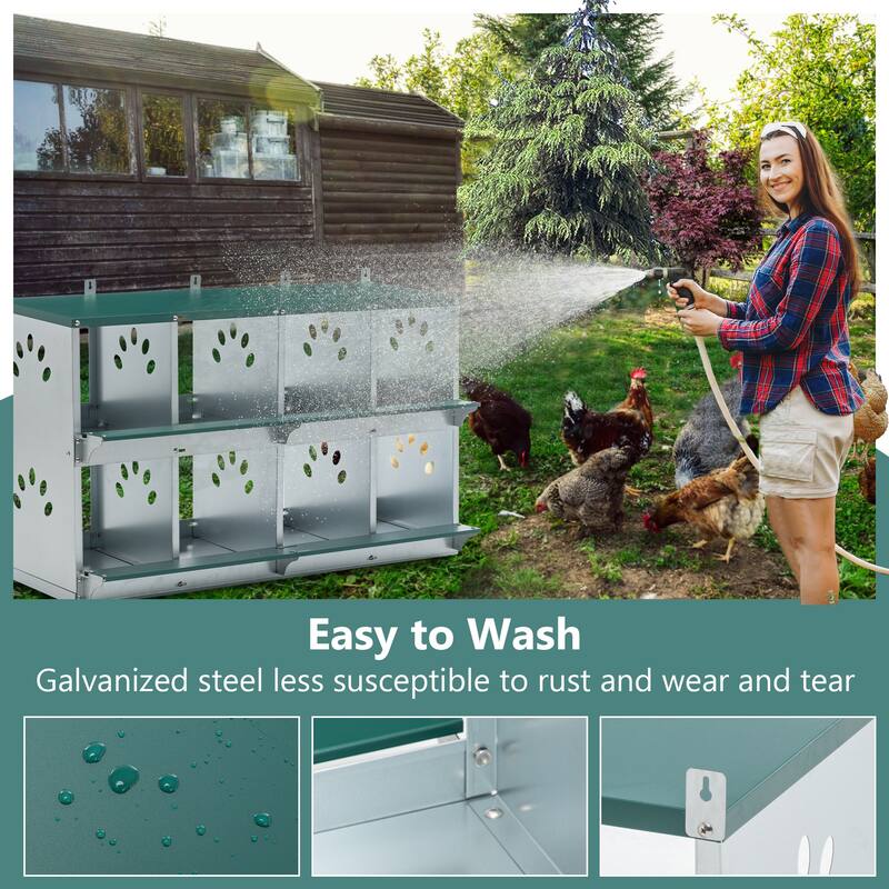 8 Compartment Chicken Nesting Boxes,For Laying Eggs, Metal Poultry Nest Box Wall Mount, Hens,Large Vented Holes Chicken Coop Box
