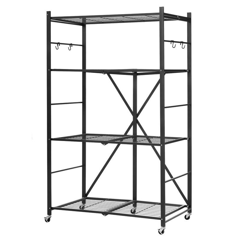 Black Carbon Steel Folding Garage Shelf with 5 Swivel Wheels - 21 x 36 x 60 in - Black