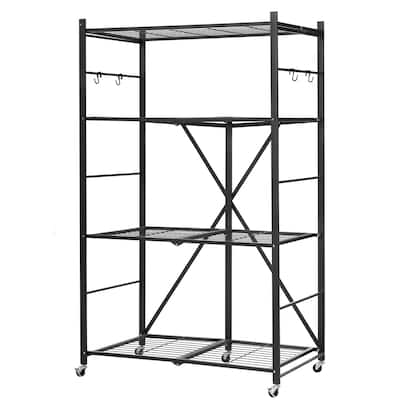 Black Carbon Steel Folding Garage Shelf with 5 Swivel Wheels - 21 x 36 x 60 in