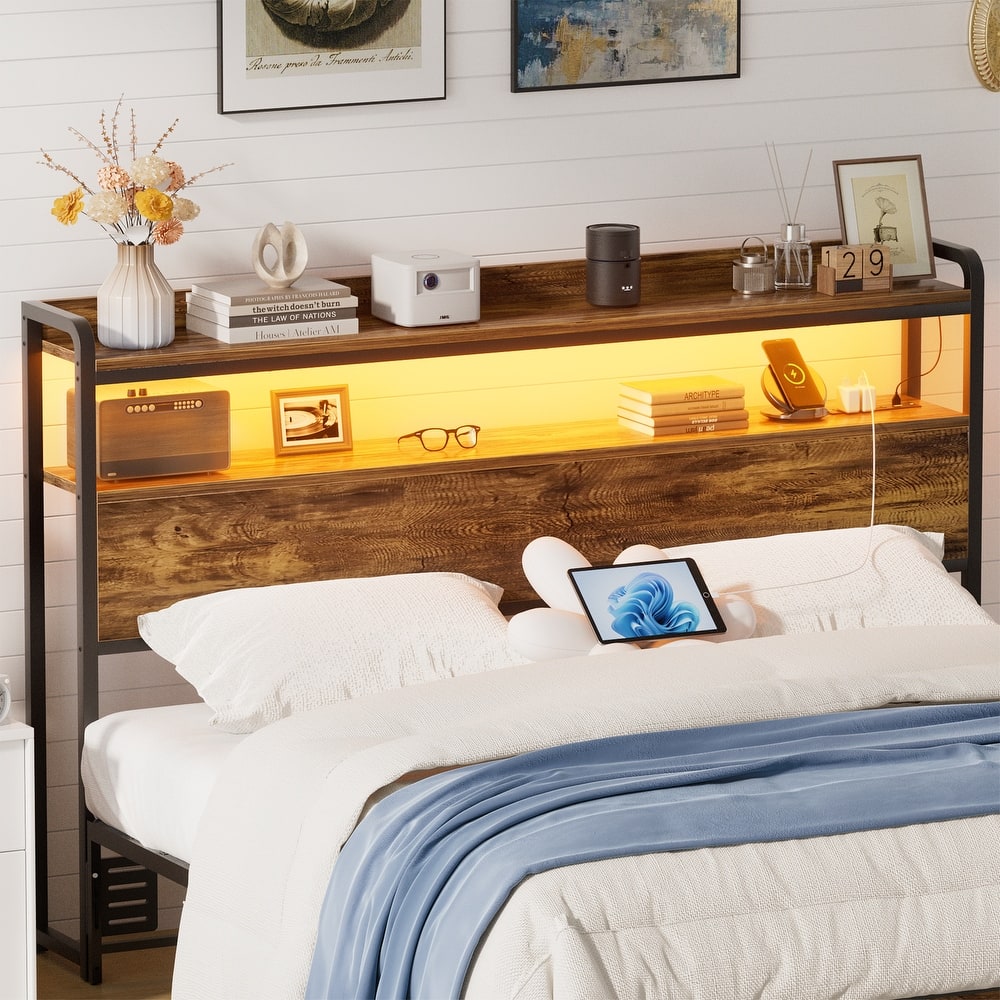 Headboard with Storage Drawers and LED Light, Head Board with Outlets, USB Ports