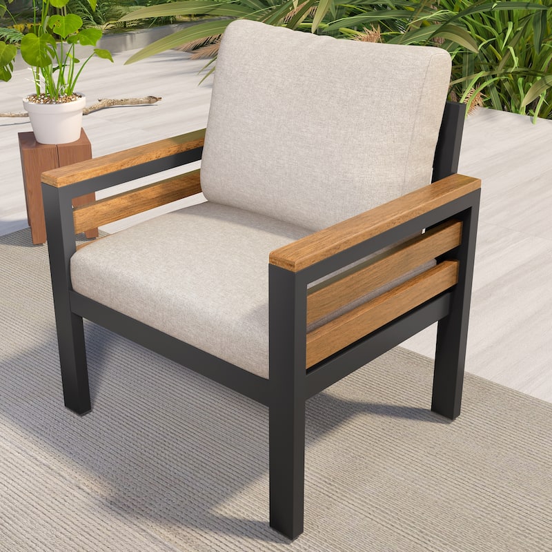Roomfitters 4-Piece Outdoor Patio Furniture Set with 3-Seater Sofa, 2 Armchairs and Coffee Table, Wood Accents
