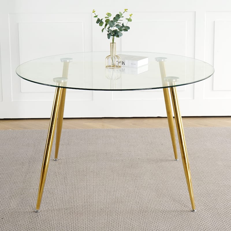 47.2" Luxury Glass Dining Table Set for 4, Circle Kitchen Table with 4 PU Chairs, 5-Piece Modern Dining Table and Chair Set