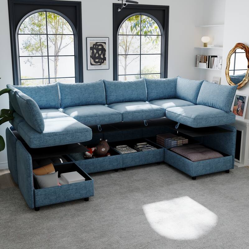 68" Loveseat Sofa with Storage Upholstered Sectional Sofa Chenille Cloud Couch with 2 Ottoman, Sleeper Sofa Bed for Small Spaces