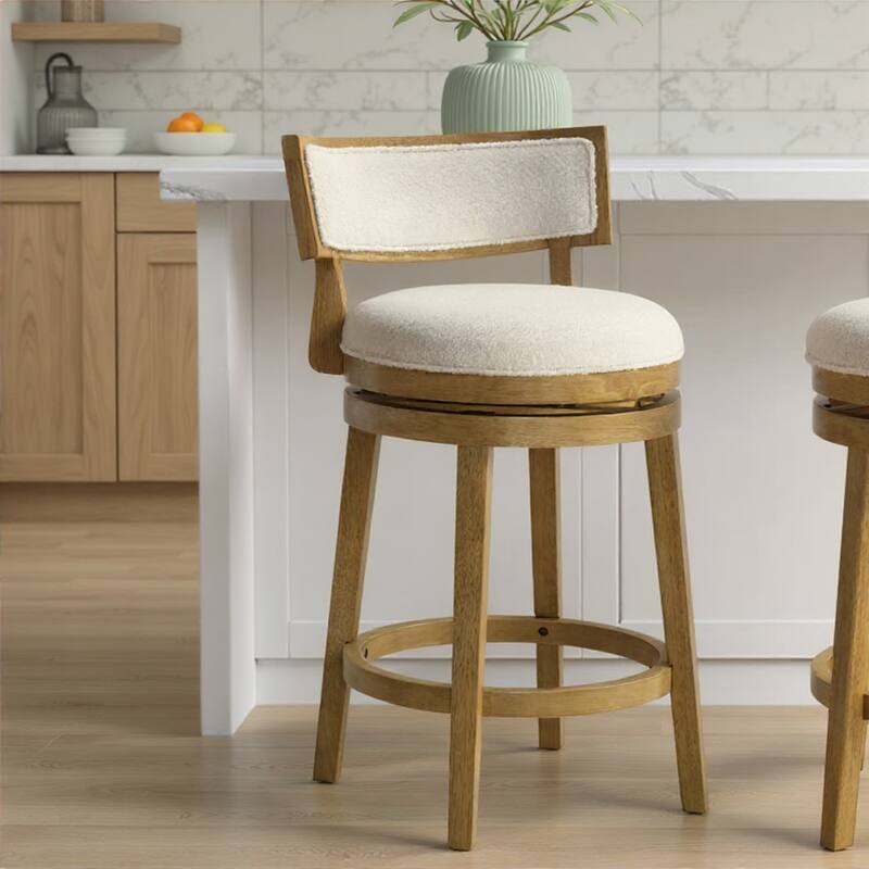 Noely Modern Farmhouse Swivel Wood Counter Height Kitchen Bar Stool with White Boucle Fabric Upholstered Seat - Set of 3 - White/Amber Glow - Counter Height