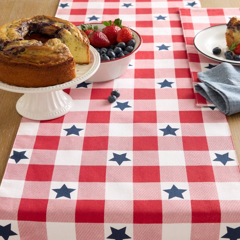 MARTHA STEWART Americana Star Gingham Plaid Indoor Table Runner, Reversible, Patriotic USA America Décor - 14"x72"