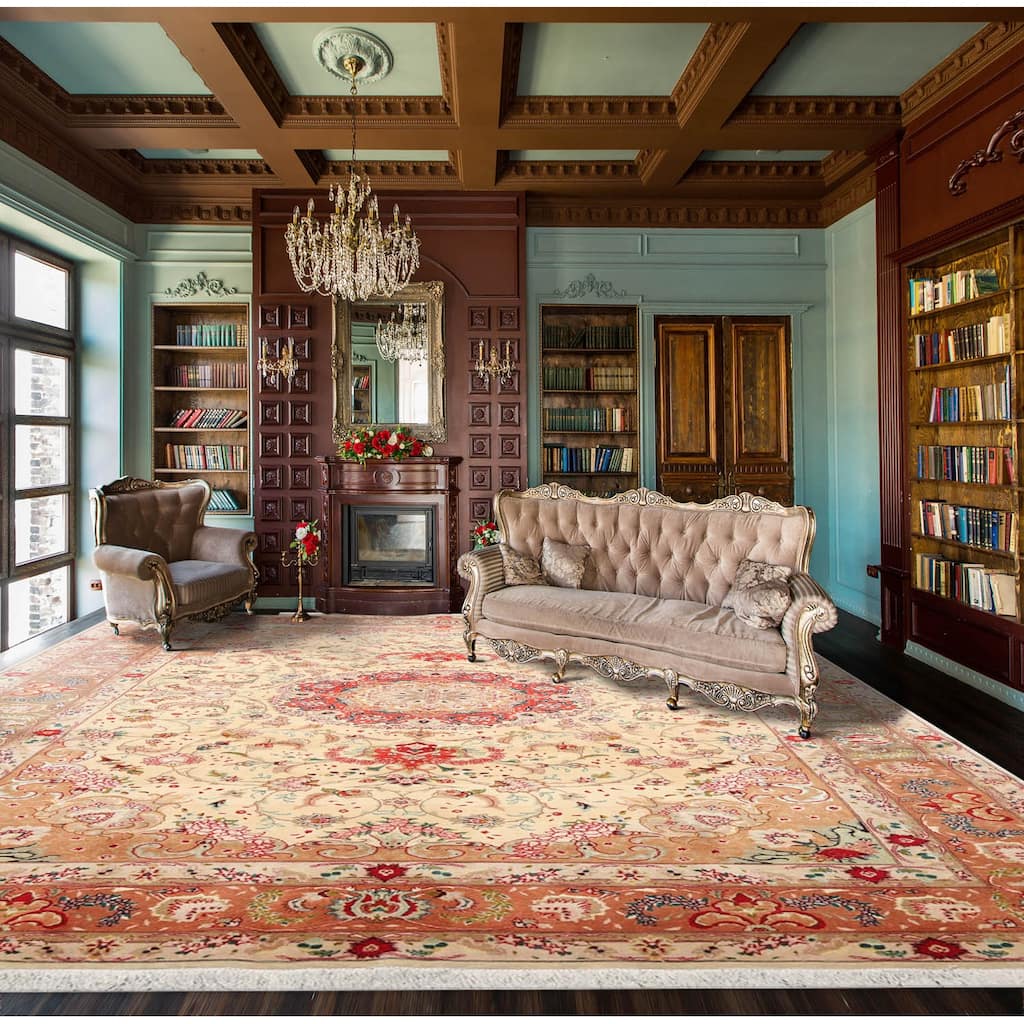 Hand Knotted Ivory Persian Wool & Silk Traditional Oriental Area Rug - 6' 7'' x 10' 2''