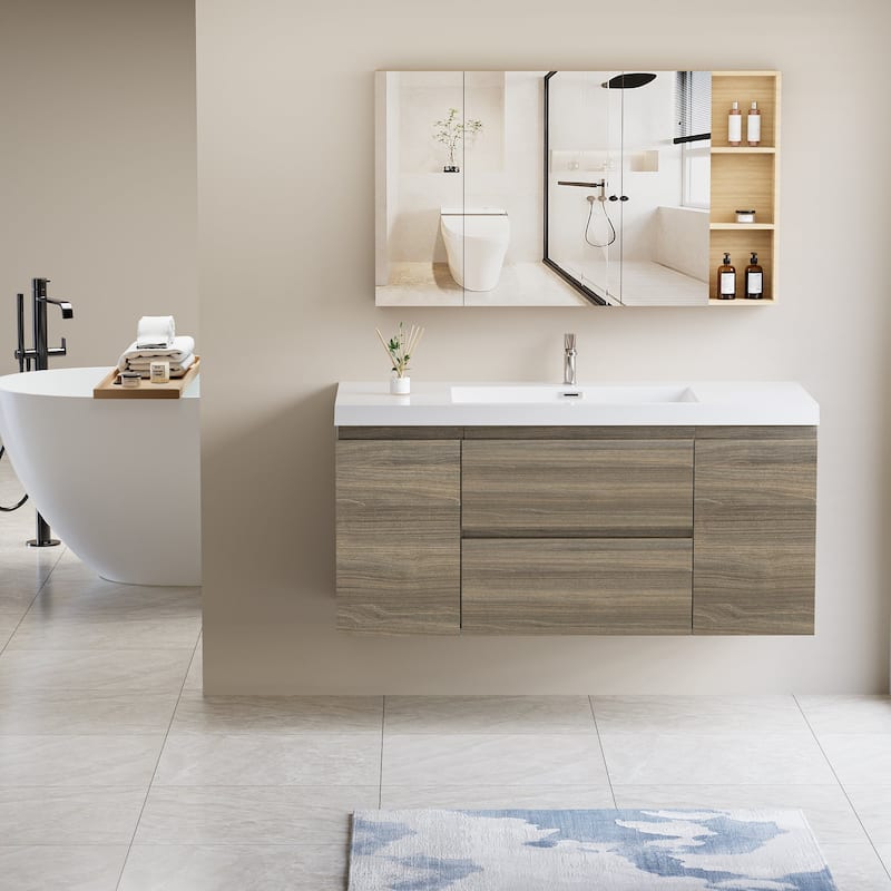 MDF Floating Bathroom Vanity with Integrated Resin Sink - 48" x 20" - Ash Grey