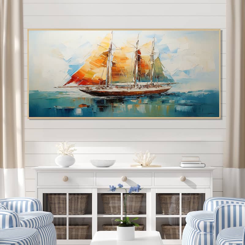 Designart "Moonlight Saiboat Horizon I" Boat Sailing Orange Wall Decor - Modern Entryway Framed Wall Art - 60 in. wide x 28 in. high - Maple