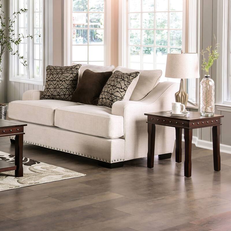 Davi Transitional Linen-like Padded Nailhead Trim Loveseat with Pillows by Furniture of America - Beige without Care Kit