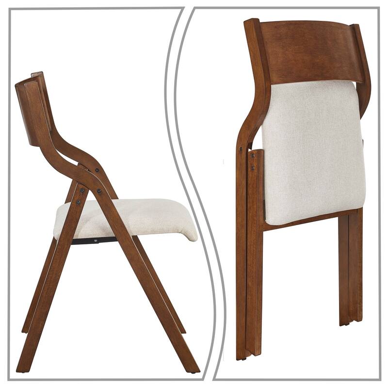 European Vintage Set of 2 Wooden Folding Dining Side Chairs with Fabric Seat Cushions