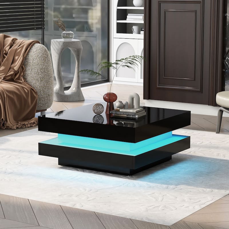 Roomfitters Modern Square Coffee Table with High Gloss Finish, 2-Tier Center Table with Lighting for Stylish Living Room