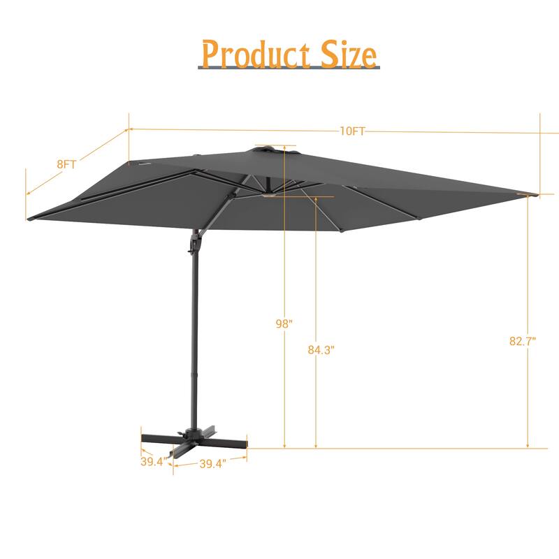 LIVOOSUN 10x8FT Rectangle Cantilever Umbrella Patio Offset Umbrella For Outdoor Space, Solution-Dyed Fabric, 360° Rotation