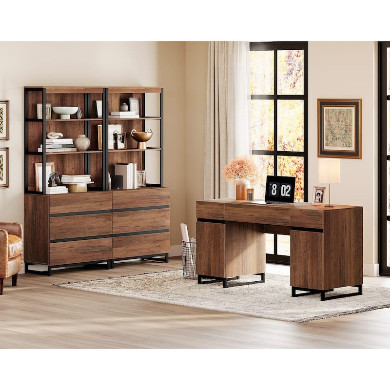 WAMPAT 59" Executive Desk with Charging Station & Storage Cabinet + 72" Tall Bookcase with 6 Drawers. - Brown