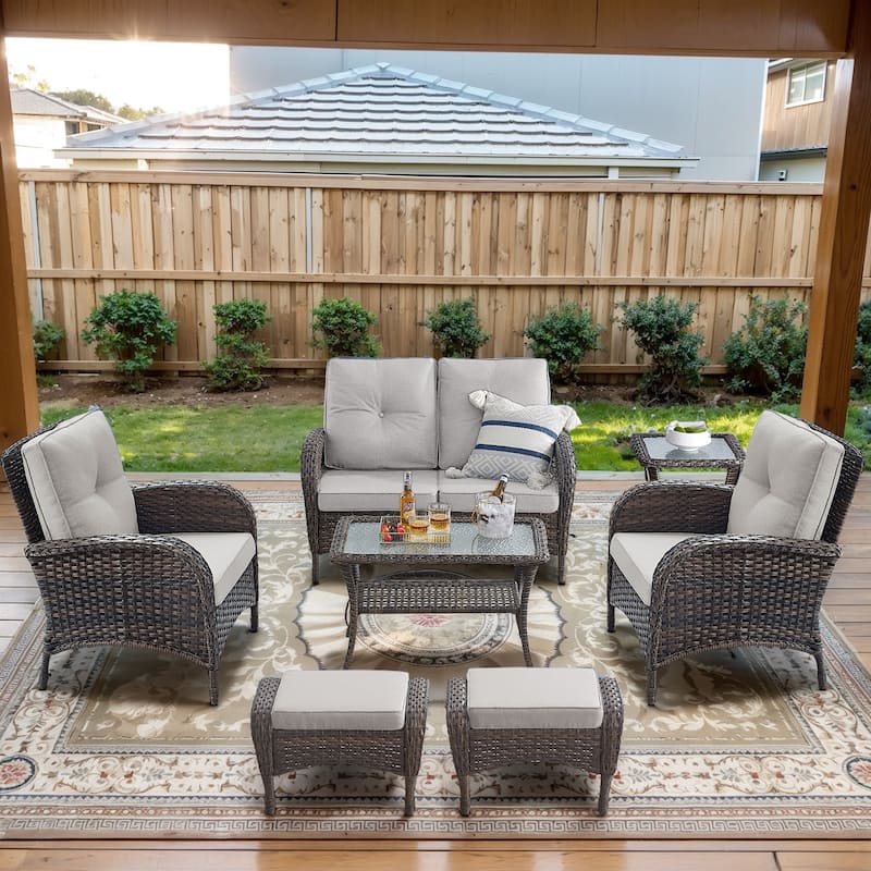 Patio Sofa Loveseat Sofa with Club Chairs Ottoman - Beige - Brown
